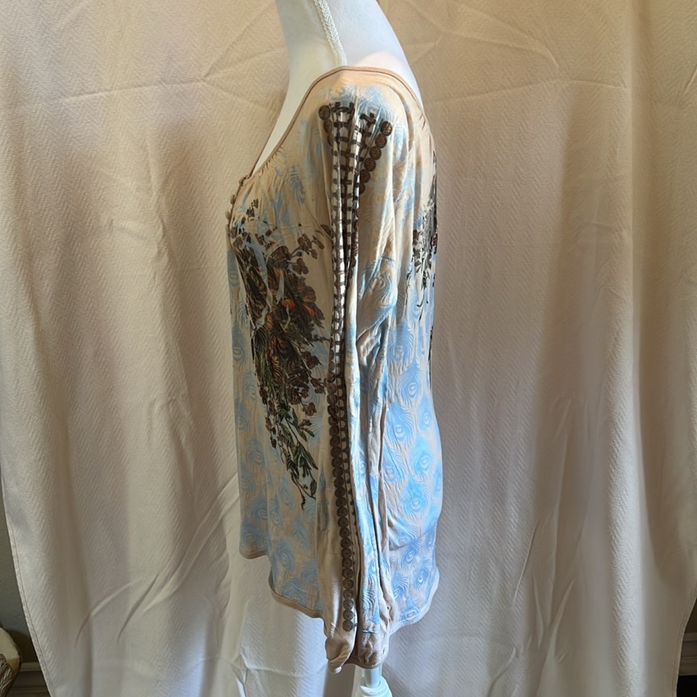 Butterfly dropout🦋Vintage tan/blue peacock feather print with fall floral top. - Picture 10 of 12
